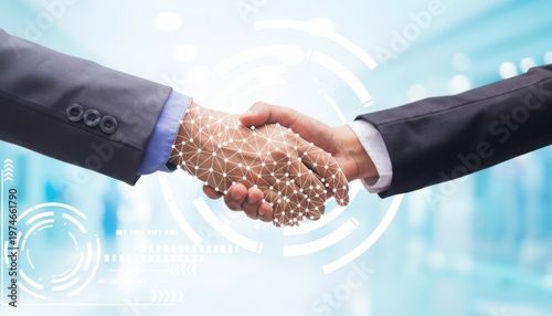 Business handshake with digital technology concept for collaboration