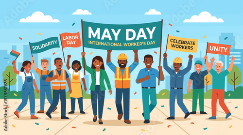 This joyful flat design illustration depicts a lively street party celebrating International Worker Day, with people dancing and music, conveying a spirit of community and happiness. 