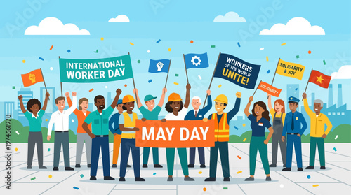 This joyful flat design illustration depicts a lively street party celebrating International Worker Day, with people dancing and music, conveying a spirit of community and happiness. 