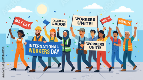 This joyful flat design illustration depicts a lively street party celebrating International Worker Day, with people dancing and music, conveying a spirit of community and happiness. 