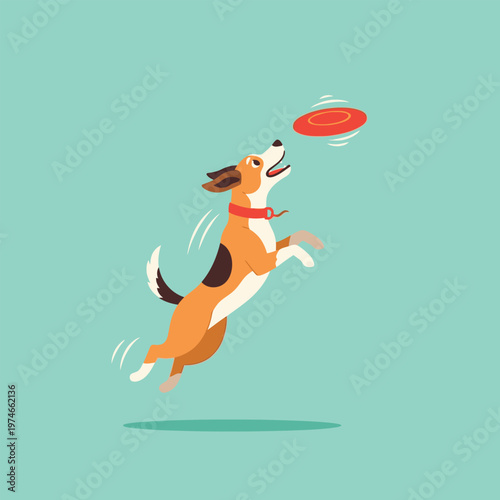 Energetic dog leaping to catch a red frisbee in mid-air.