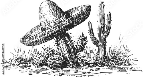 Cactus with traditional mexican sombrero hat in desert landscape line art illustration