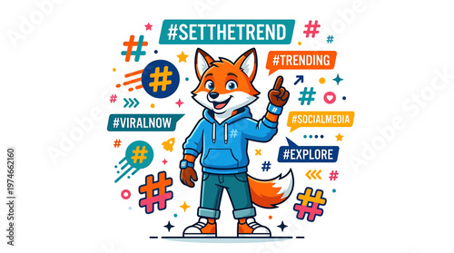 Cute Fox Character with Social Media Hashtags and Icons, Viral Trend Concept