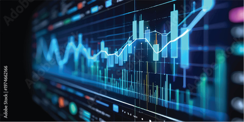 An abstract digital monitor displays a blue stock market chart pulsing like a medical heart beat, blending finance data and technology into a professional business illustration