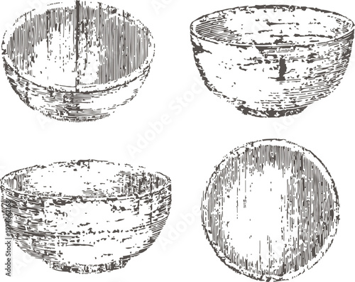 Vintage wooden bowl illustrations hand drawn rustic kitchenware, textured round containers in various views