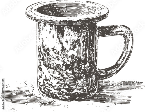 Vintage enamel mug illustration old rustic metal cup with handle, textured and scratched surface drawing