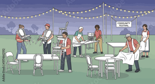 Event Setup Crew Arranging Tables and Chairs Outdoors.