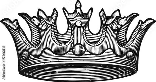Vintage engraved royal crown with detailed ornamental design, symbol of monarchy and authority