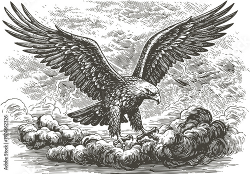 Majestic eagle with outstretched wings descending through stormy clouds with dramatic lightning in the background