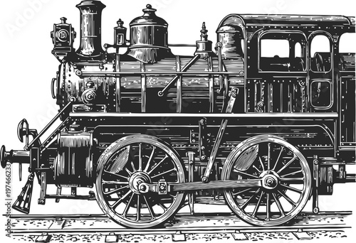 Vintage steam locomotive illustration classic train engine detailed drawing and black and white engraving design