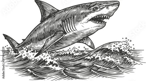 Great white shark jumping above ocean waves detailed black and white ocean predator illustration