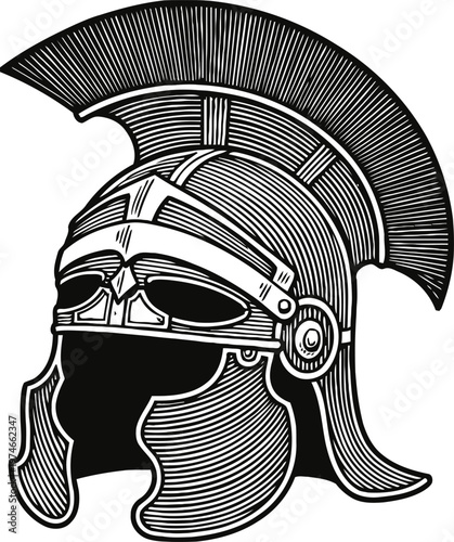 Roman soldier helmet illustration with plume crest and cheek guards, historical armor design