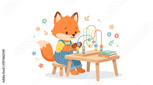Cute Fox Cub Playing with a Wooden Bead Maze Toy at a Desk
