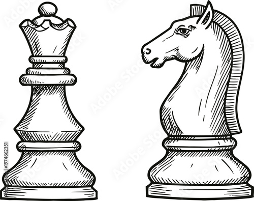 Classic chess queen and knight pieces in detailed black and white hand drawn illustration