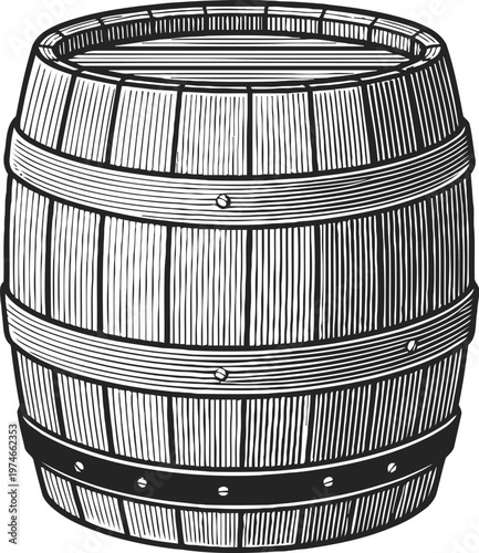 Vintage wooden barrel illustration old oak cask with metal hoops hand drawn rustic container for storage and aging