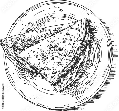 Two folded crepes on a round plate, detailed hand drawn ink sketch of classic french thin pancakes