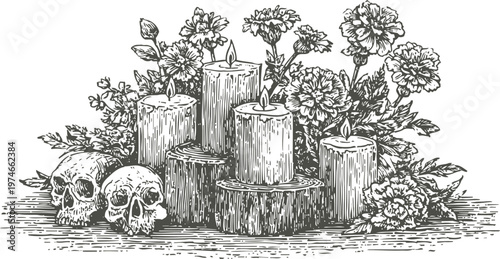 Spooky halloween illustration with burning candles, human skulls, and blooming marigold flowers