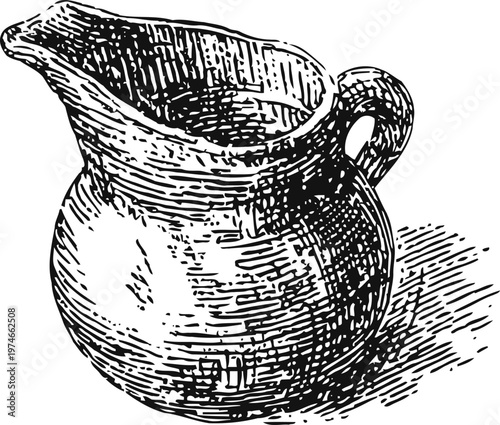 vintage ceramic pitcher with handle, hand drawn illustration of jug for pouring liquids