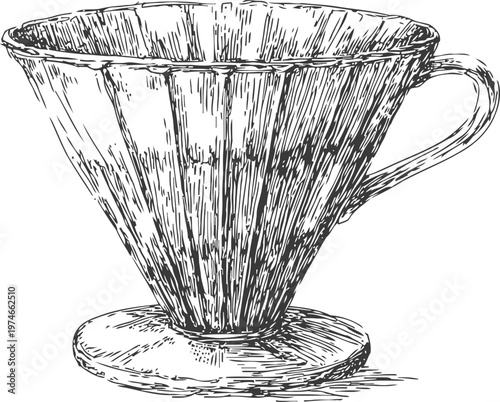 Vintage coffee dripper illustration with handle and ridged conical design for brewing