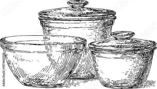 Three vintage glass mixing bowls with lids, kitchenware utensils for cooking and baking