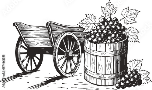 Vintage wooden cart and barrel overflowing with fresh grapes and vine leaves illustration