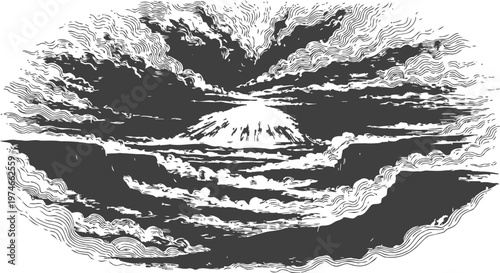 Volcano eruption with smoke and ash clouds spreading across dramatic sky scene in monochrome