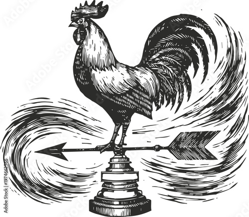 Vintage rooster weather vane illustration with detailed feathers and directional arrow