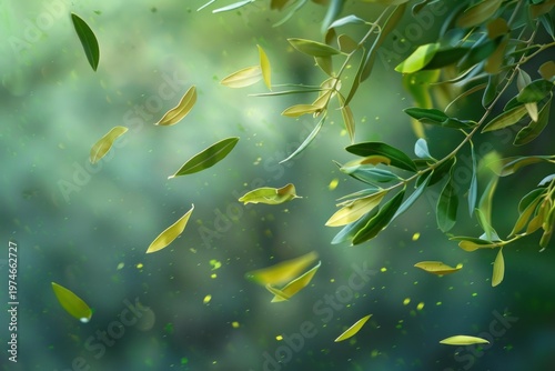 Olive tree branch with falling leaves creates a serene and natural atmosphere