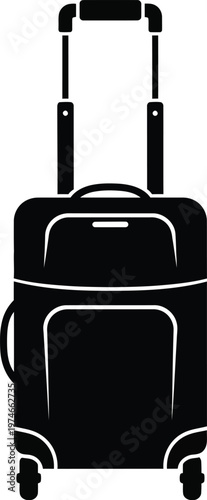 Black silhouette icon of a travel suitcase with wheels and a retractable telescopic handle for trips