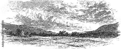 Vintage black and white landscape engraving with lakeside, trees, hills, and dramatic cloudy sky