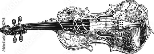 intricate vintage violin illustration with floral ornamental design, detailed string instrument drawing