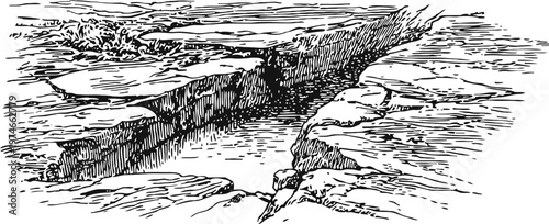 detailed black and white engraving of a cracked earth surface with deep fissures and rocky textures