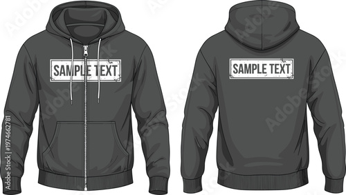 Dark Grey Zip Up Hoodie Technical Fashion Flat Mockup Set Featuring Front and Back View with Placeholder Text Box Drawstrings and Pockets Vector Illustration