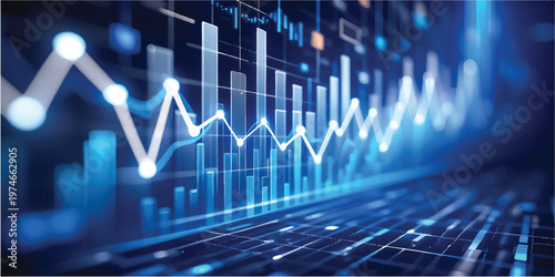 An abstract blue background featuring binary code and a digital heartbeat pulse wave integrates medical health data with financial market growth charts on a business technology monitor screen