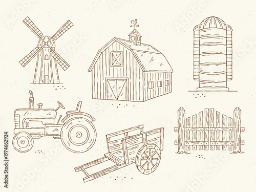 Line art vector set of farm buildings and rural elements including barn, windmill, silo, fence, and wooden cart in a minimal monochrome outline style for farm and agriculture themes