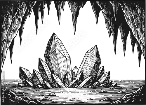 Black and white illustration of large crystals cluster inside a cave with stalactites hanging from the ceiling