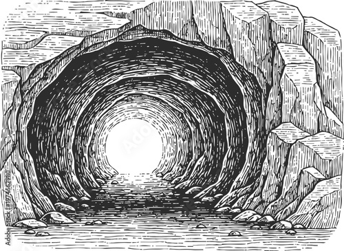 Dark rocky cave tunnel with bright light at the end, natural underground hollow passage illustration