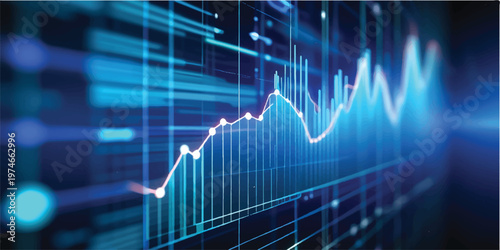 

Blue abstract financial data monitor displaying a business growth chart and stock market graph with a line pulse resembling a medical heartbeat ecg to show investment success