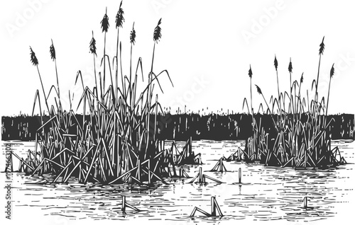 Wetland reeds growing in shallow water with distant forest silhouette natural habitat and aquatic plants