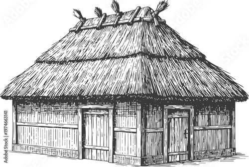 Traditional thatched roof hut with wooden walls and doors, rustic countryside dwelling illustration