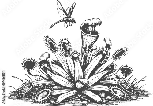 Carnivorous plants illustration with pitcher and venus flytrap, dragonfly flying above garden