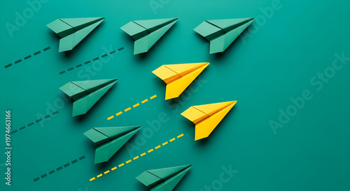 Two vibrant yellow paper airplanes lead a formation of green ones, breaking from a conventional path on a teal background, symbolizing innovation and individuality.