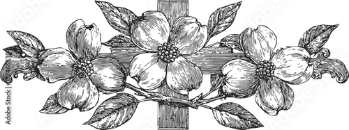 Intricate floral design with dogwood flowers and leaves entwined around a wooden cross illustration