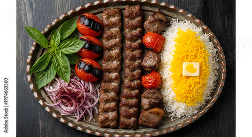 Traditional Persian Koobideh Kabab with Saffron Rice Grilled Tomatoes and Onion on Platter