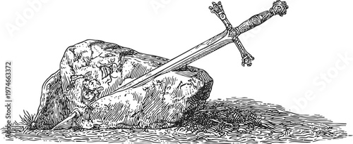 Medieval sword stuck in large rock legendary weapon illustration, fantasy and historic battle concept