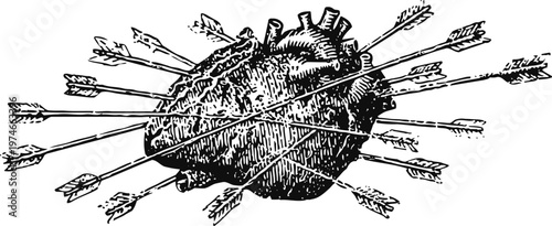 Human heart pierced by multiple arrows vintage black and white medical illustration symbolizing pain and struggle