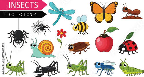 Insects and Bugs Vector Collection Featuring Dragonflies, Bees, Ladybugs, Snails, Butterflies, and More for Kids' Educational Designs