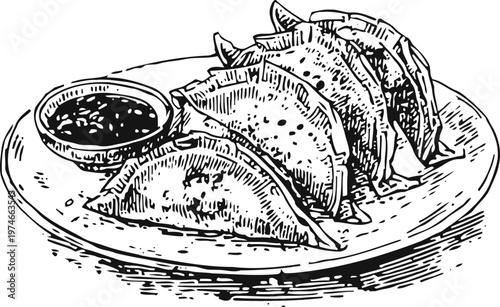Hand drawn tacos with dipping sauce on plate traditional mexican food illustration, vintage ink