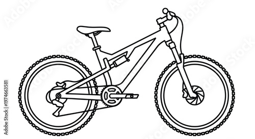 Line art illustration of a mountain bike with detailed components and a minimalist style