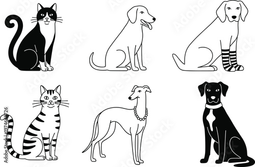 Cute Cat and Dog Illustrations in Black and White with Unique Features for Pet Lover